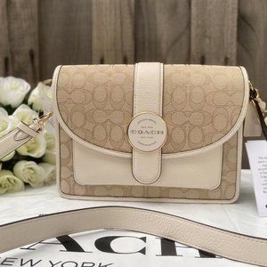COACH LONNIE Crossbody Khaki Signature Jacquard Chalk Leather C8307 NWT $398